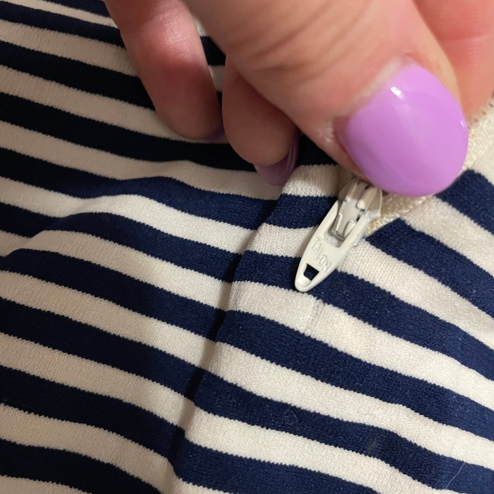 VTG 70s Pant-Lon Striped Sleeveless Bodysuit Navy White Turtleneck Talon Zip OS - Picture 2 of 5